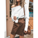 Babe Beachwear one shoulder ribbed top for curvy women styled with brown skirt and coffee cup