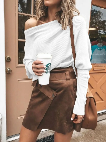 Babe Beachwear one shoulder ribbed top for curvy women styled with brown skirt and coffee cup