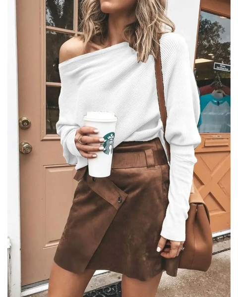 Babe Beachwear one shoulder ribbed top for curvy women styled with brown skirt and coffee cup
