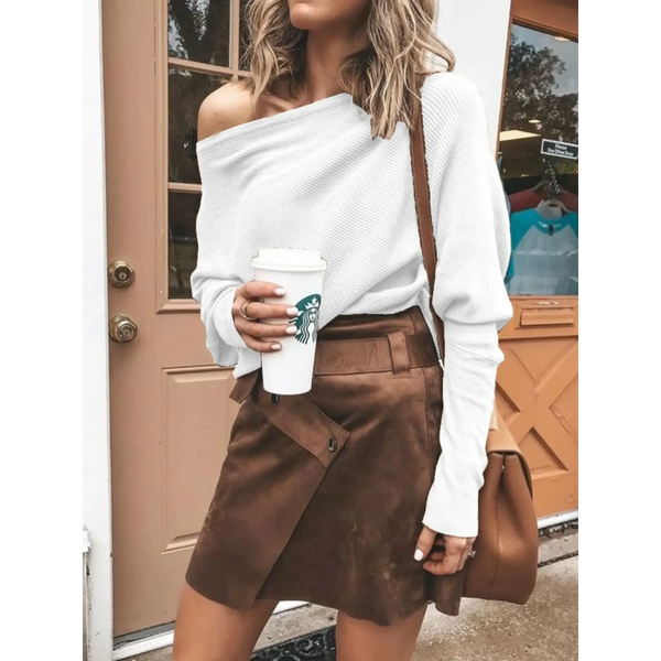 Babe Beachwear one shoulder ribbed top for curvy women styled with brown skirt and coffee cup