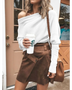 Babe Beachwear one shoulder ribbed top for curvy women styled with brown skirt and coffee cup