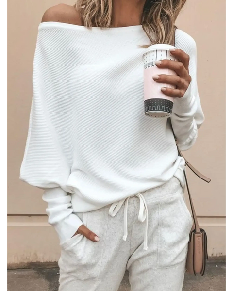 Babe Beachwear white long sleeve one shoulder ribbed top for curvy women styled with casual pants