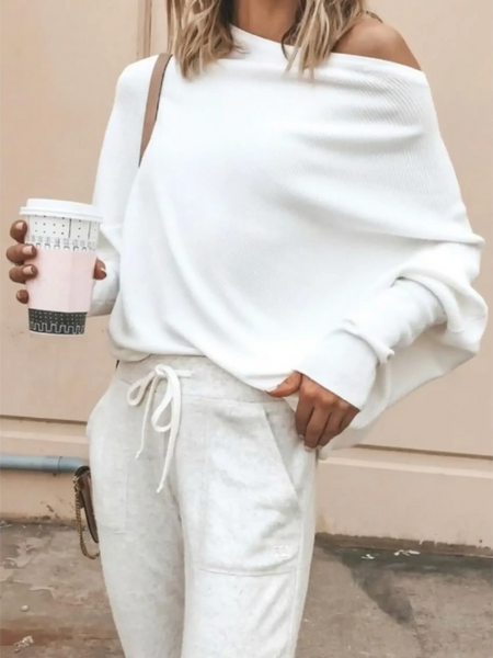 Babe Beachwear one shoulder ribbed top for curvy women in white long sleeve shirt style