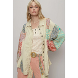 Trendsi oversized printed button up shirt with multicolor patchwork design on long sleeves