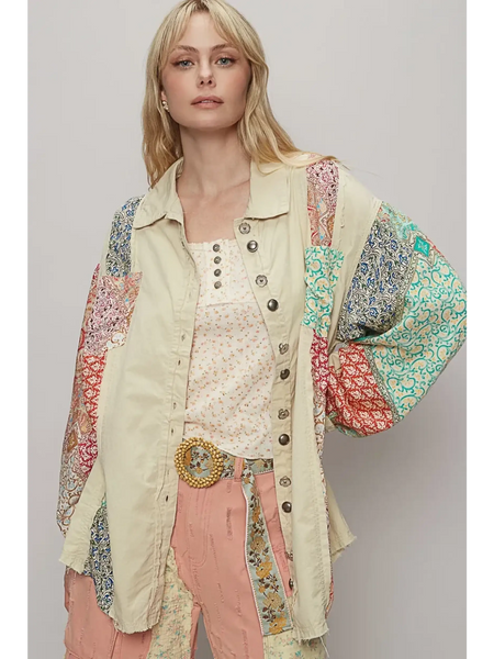 Trendsi oversized printed button up shirt with multicolor patchwork design on long sleeves