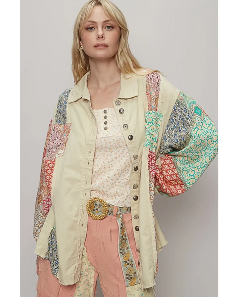 Trendsi oversized printed button up shirt with multicolor patchwork design on long sleeves