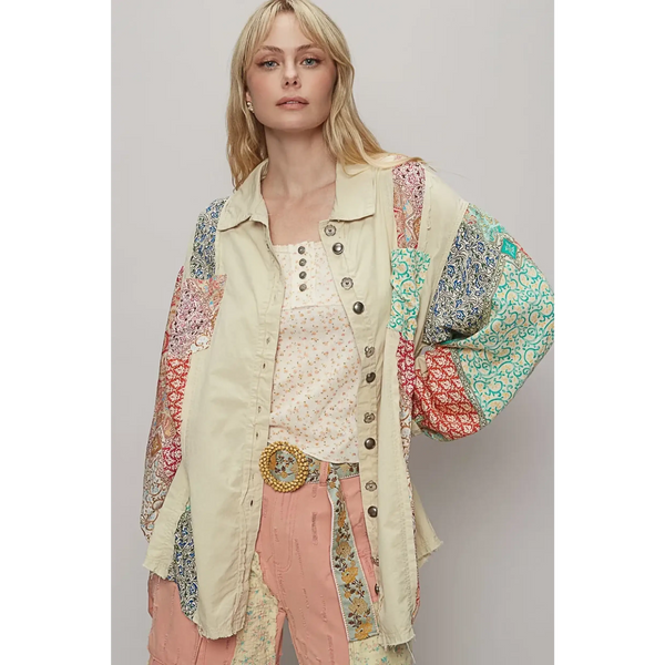 Trendsi oversized printed button up shirt with multicolor patchwork design on long sleeves