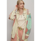 Trendsi oversized printed button up shirt with patchwork sleeves worn by woman with blonde hair