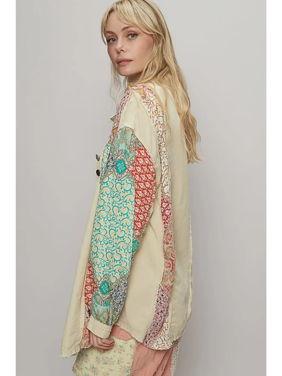 Trendsi oversized printed button up shirt with multicolor patchwork long sleeves on model