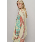 Trendsi oversized printed button up shirt with multicolor patchwork long sleeves on model