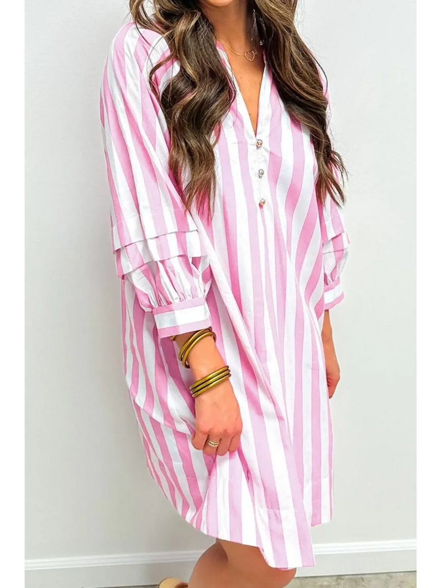 Trendsi pink and white long sleeve vacation dress mini dress with vertical stripes and button detail
