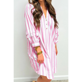 Trendsi pink and white long sleeve vacation dress mini dress with vertical stripes and button detail