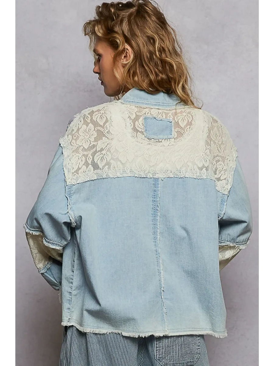 Trendsi long sleeve resort wear embellished denim jacket with lace details on back and sleeves