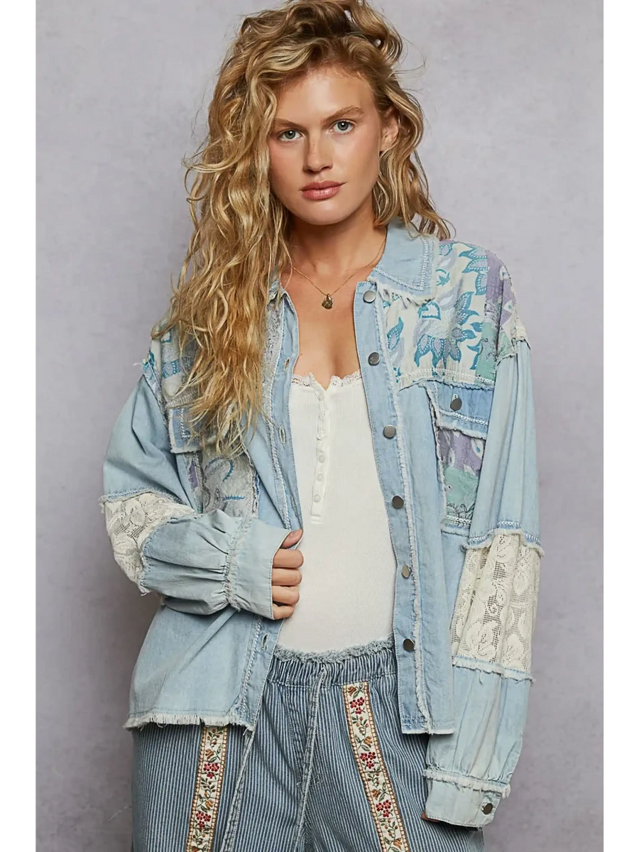 Trendsi long sleeve resort wear embellished denim jacket with patchwork and lace details