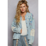 Trendsi long sleeve resort wear embellished denim jacket with patchwork and lace details