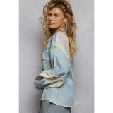 Trendsi long sleeve shirt styled as resort wear embellished denim jacket with lace and patchwork details