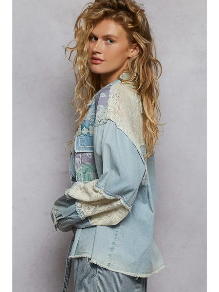Trendsi long sleeve shirt styled as resort wear embellished denim jacket with lace and patchwork details