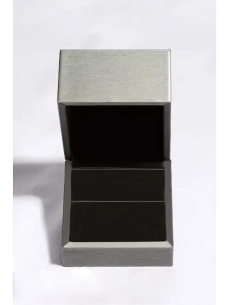 Empty modern silver ring box with black interior for 2 carat pear shaped Bypass ring sparkle