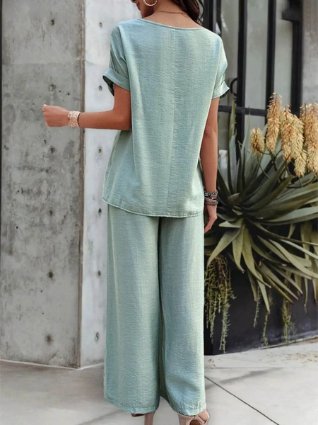 Babe Beachwear light green satin Pants Set with short sleeves and wide-leg pants from the back