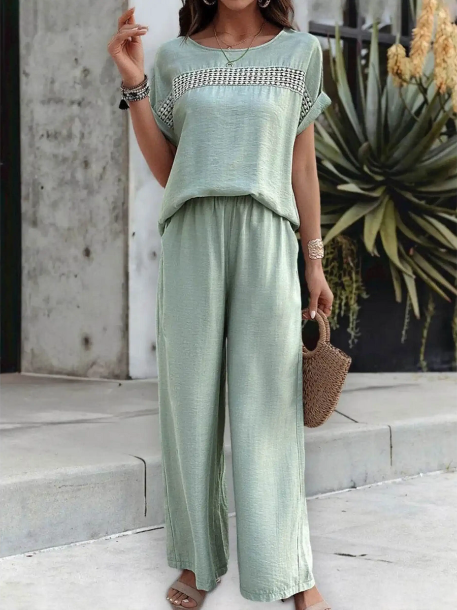 Babe Beachwear sage green satin Pants Set with loose fit top and wide-leg pants outfit