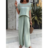 Babe Beachwear sage green satin Pants Set with loose fit top and wide-leg pants outfit