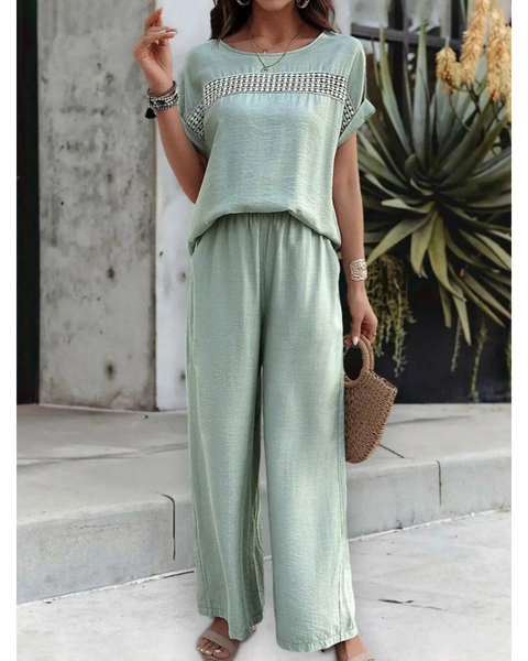 Babe Beachwear sage green satin Pants Set with loose fit top and wide-leg pants outfit