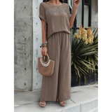 Women's taupe satin Pants Set from Babe Beachwaer with short sleeves and wide-leg pants