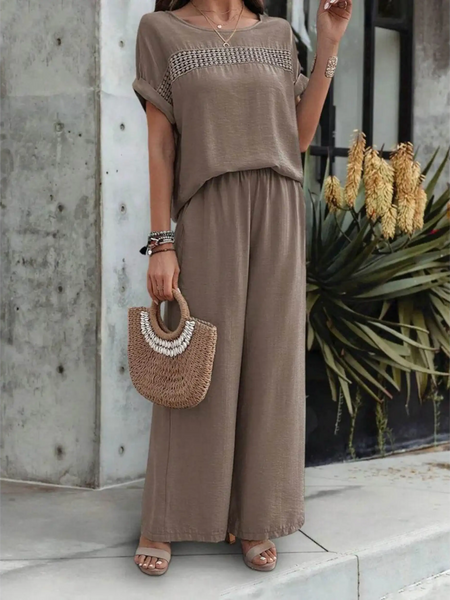 Women's taupe satin Pants Set from Babe Beachwaer with short sleeves and wide-leg pants