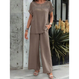 Babe Beachwear satin Pants Set in taupe with short sleeves and wide-leg pants for casual comfort