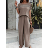 Babe Beachwear satin Pants Set in taupe with short sleeves and wide-leg pants for casual wear