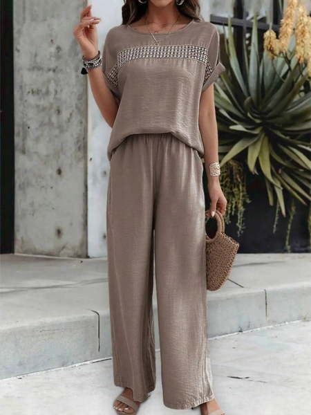 Babe Beachwear satin Pants Set in taupe with short sleeves and wide-leg pants for casual wear