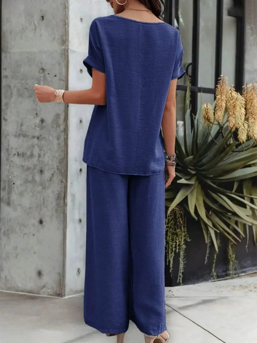Babe Beachwear navy blue satin pants set with short sleeves and wide-leg pants