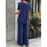 Babe Beachwear navy blue satin pants set with short sleeves and wide-leg pants