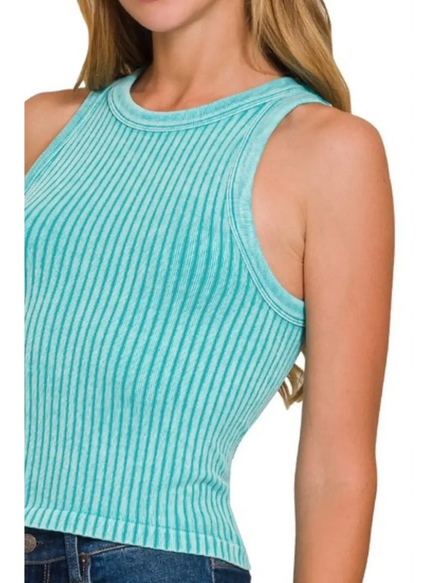 Trendsi sleeveless turquoise ribbed seamless beach tank top for women with round neckline