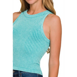Trendsi sleeveless turquoise ribbed seamless beach tank top for women with round neckline