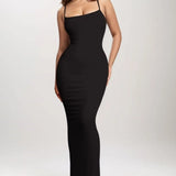 Trendsi black shapewear maxi dress for women with spaghetti straps and a fitted silhouette