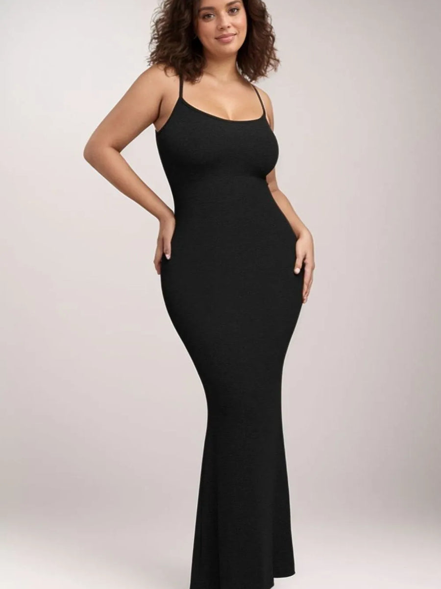 Trendsi black shapewear maxi dress for women with spaghetti straps and fitted silhouette