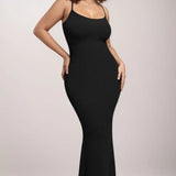 Trendsi black shapewear maxi dress for women with spaghetti straps and fitted silhouette