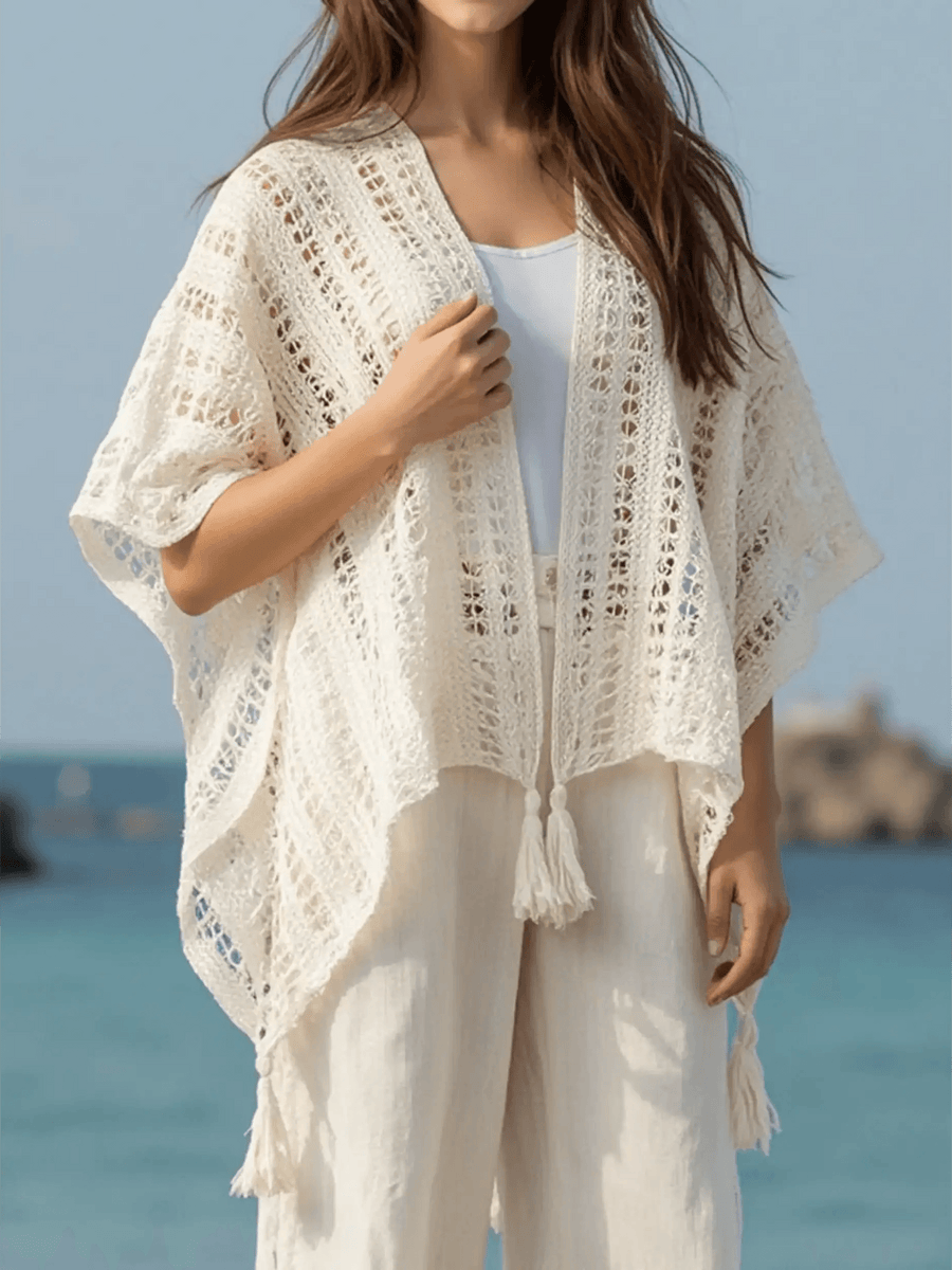 Trendsi long sleeve shawl lightweight knit open front sweater with tassels in cream