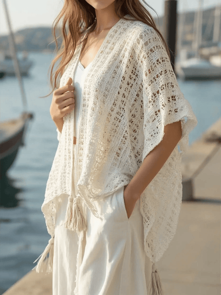 Trendsi shawl lightweight knit long sleeve open front cardigan with tassels by the marina