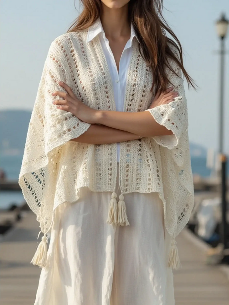 Trendsi long sleeve shawl lightweight knit open front cardigan with tassels in cream