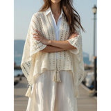 Trendsi long sleeve shawl lightweight knit open front cardigan with tassels in cream