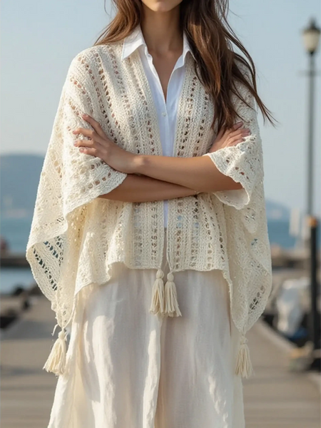 Trendsi long sleeve shawl lightweight knit open front cardigan with tassels in cream