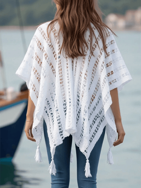Trendsi white shawl lightweight knit long sleeve open knit design with tassels