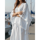 Trendsi white long sleeve shawl lightweight knit cover-up with tassels by the marina