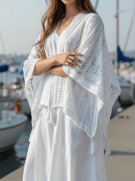 Trendsi white long sleeve shawl lightweight knit cover-up with tassels by the marina
