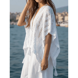 Trendsi white long sleeve shawl lightweight knit cover-up with tassels by the water