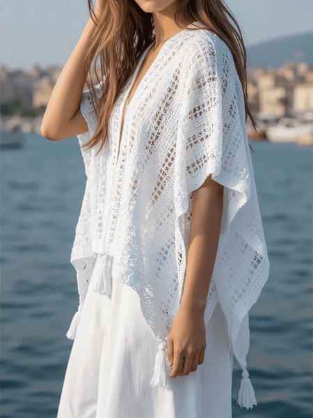 Trendsi white long sleeve shawl lightweight knit cover-up with tassels by the water