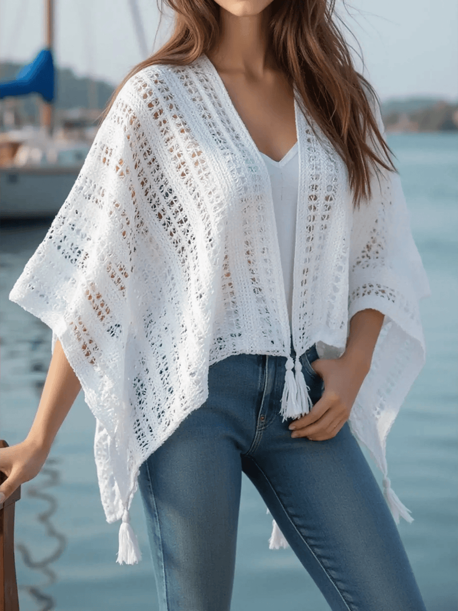 Trendsi white shawl lightweight knit long sleeve open front top with tassels