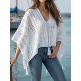 Trendsi white shawl lightweight knit long sleeve open front top with tassels